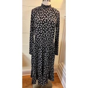 Women's Michael Kors Black & White Paisley Midi Dress With High Collar Size‎ M